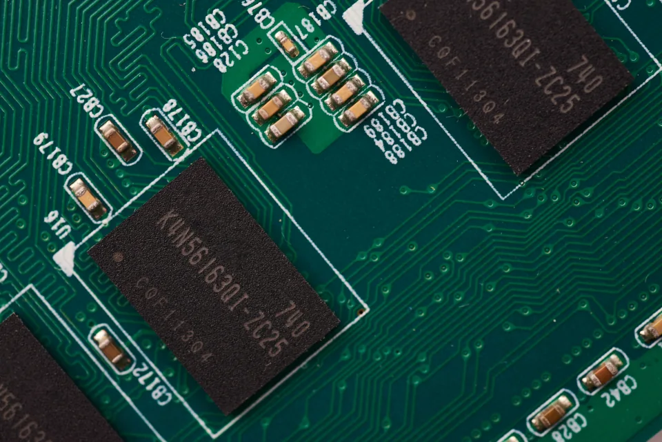 Memory chips on a green circuit board